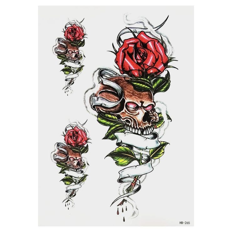 Временная тату Череп и роза (3 тату) (HB-265, 21x15 см)