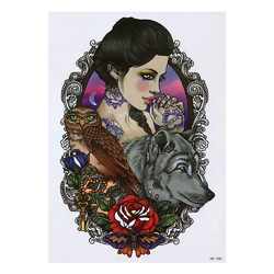 Тимчасове тату Дівчина з совою і вовком (old school) (HB-209, 21x15 см)