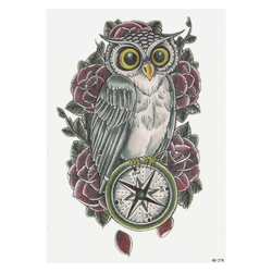 Временная тату Сова с компасом на фоне роз (HB-278, 21x15 см)