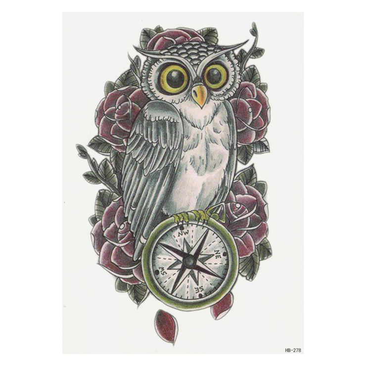 Временная тату Сова с компасом на фоне роз (HB-278, 21x15 см)