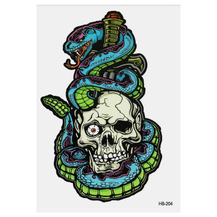 Временная тату Гремучая змея на черепе (HB-204, 21x15 см)