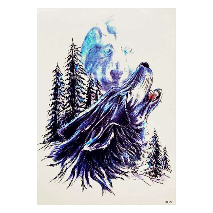 Временная тату Волк воющий на луну (HB-231, 21x15 см)