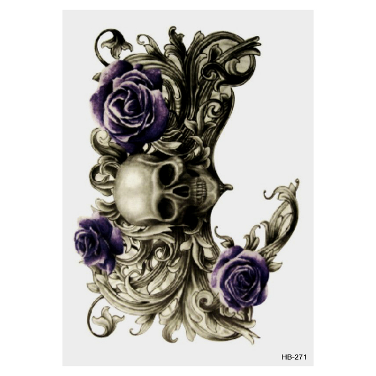 Тимчасове тату Череп (три фіолетові троянди) (HB-271, 21x15 см)