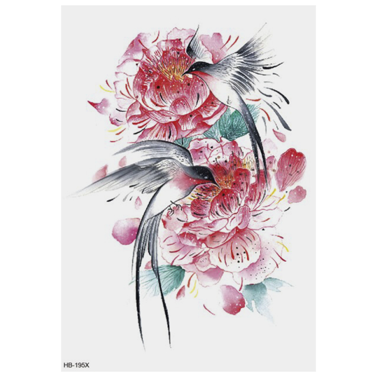 Временная тату Ласточки среди цветов (HB-195X, 21x15 см)