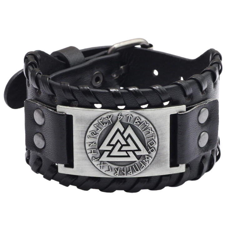 Браслет с металлической вставкой Валкнут в руническом круге (bpm-003) Браслет с металлической вставкой Валкнут в руническом круге (bpm-003)