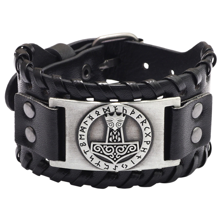 Браслет с металлической вставкой Молот Тора в руническом круге (bpm-004) Браслет с металлической вставкой Молот Тора в руническом круге (bpm-004)