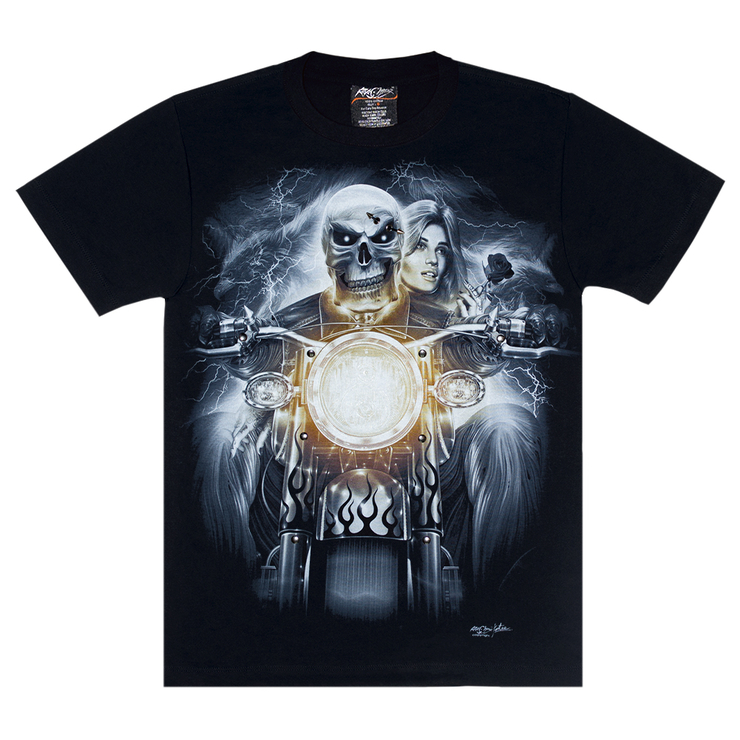 Футболка Скелет и девушка с розой на мотоцикле (3D, светится в темноте) Футболка Скелет и девушка с розой на мотоцикле (3D, светится в темноте)