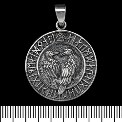 Кулон Вороны Одина в руническом кругу с Валькнутом (серебро, 925 проба) (sp-172)