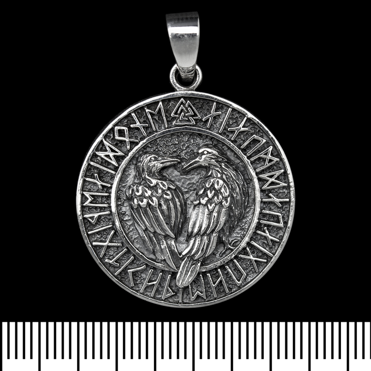 Кулон Ворони Одіна в рунічному колі з Валкнутом (срібло, 925 проба) (sp-172)