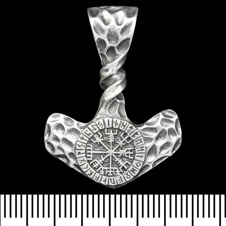 Кулон Молот Тора с руническим компасом, "кованый" (серебро, 925 проба) (sp-225)