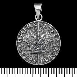 Кулон Копье Одно с валькнутом и волками в руническом кругу (серебро, 925 проба) (sp-236)