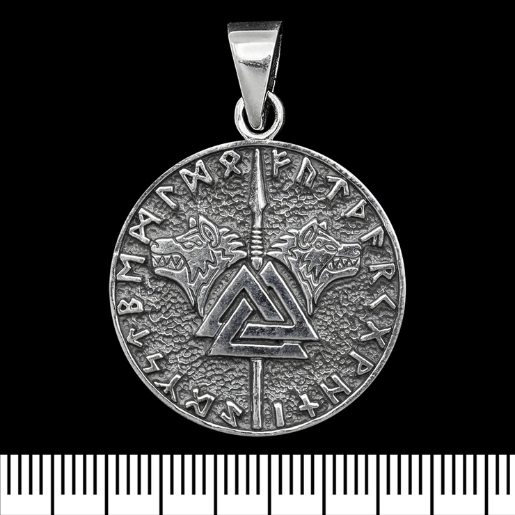 Кулон Копье Одно с валькнутом и волками в руническом кругу (серебро, 925 проба) (sp-236)