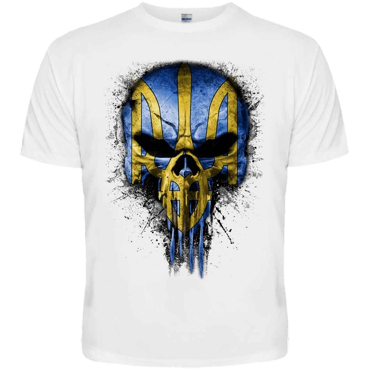 Футболка Череп (Punisher) із Тризубом (жовто блакитний, белая футболка) Футболка Череп (Punisher) із Тризубом (жовто блакитний, белая футболка)