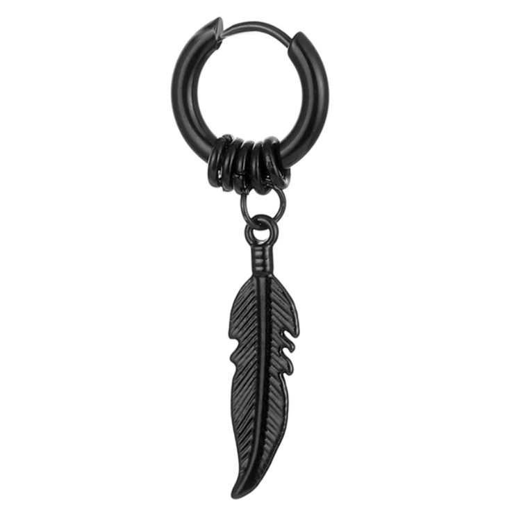 Серьга-кольцо хард обманка с пером и кольцами (титан, черный) (ea-069)