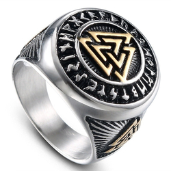 Перстень Золотой Валькнут в руническом кругу (кольцо стального цвета) (aer-012)