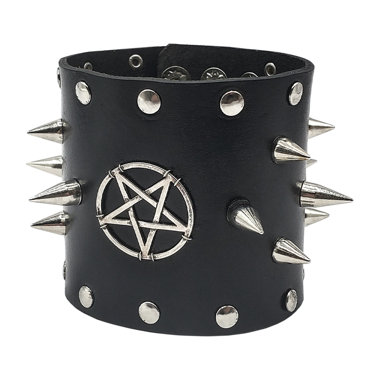 Браслет кожаный с шипами и пентаграммой, широкий (bsl-006) Браслет кожаный с шипами и пентаграммой, широкий (bsl-006)