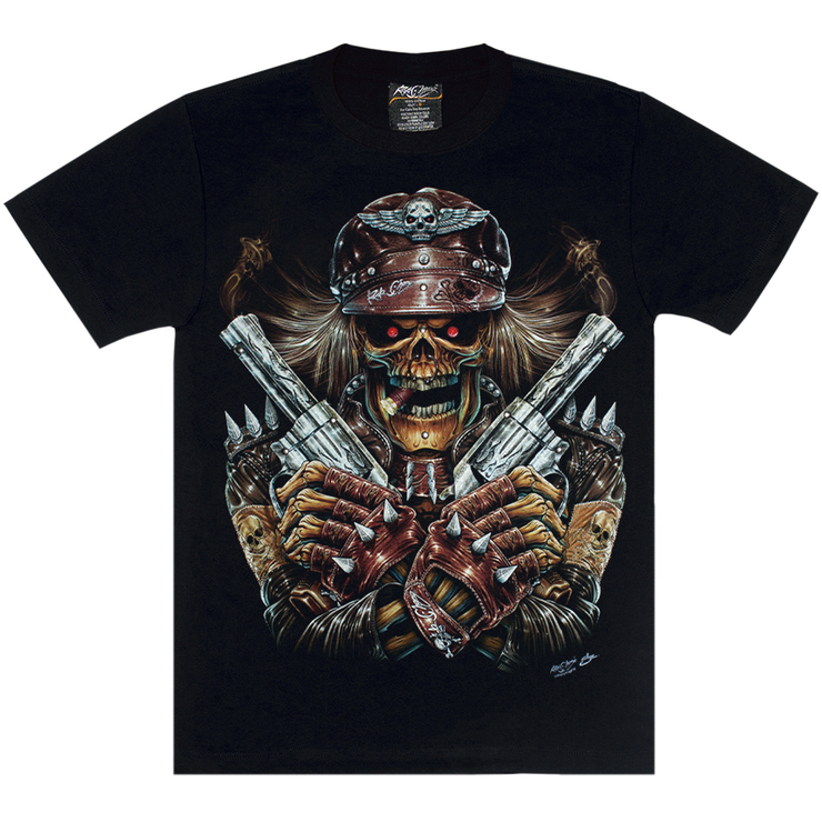 Футболка Скелет в кожаной фуражке с револьверами (3D, светится в темноте)