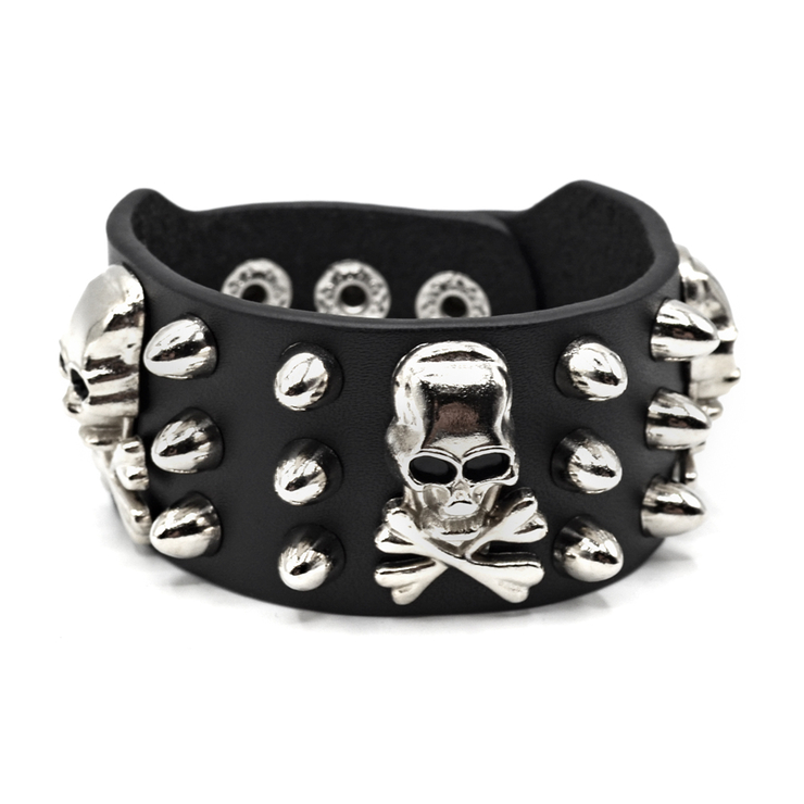 Браслет кожаный три ряда пулеобразных шипов и три черепа (bfl-004) Браслет кожаный три ряда пулеобразных шипов и три черепа (bfl-004)
