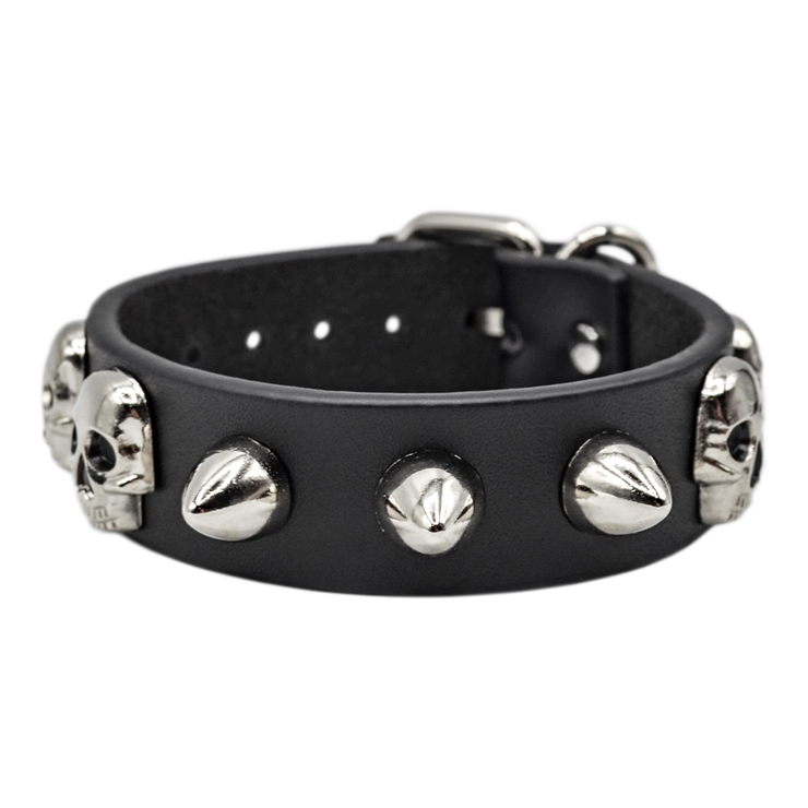 Браслет шкіряний з кулеподібними шипами та черепами в один ряд (bfl-018) Браслет шкіряний з кулеподібними шипами та черепами в один ряд (bfl-018)