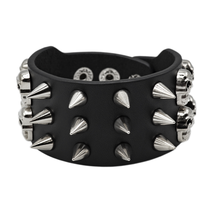 Браслет кожаный два ряда черепов, три ряда маленьких шипов (bfl-022) Браслет кожаный два ряда черепов, три ряда маленьких шипов (bfl-022)
