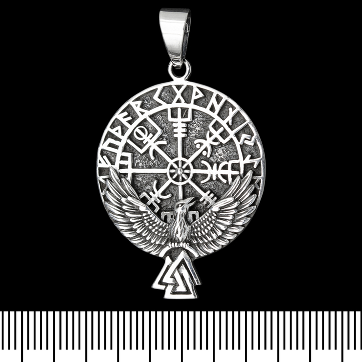 Кулон Vegvisir (рунический компас) и ворон с валкнутом (серебро, 925 проба) (sp-176)
