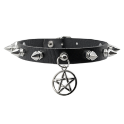 Кожаный чокер с фигурными шипами и пентаграммой CL-014
