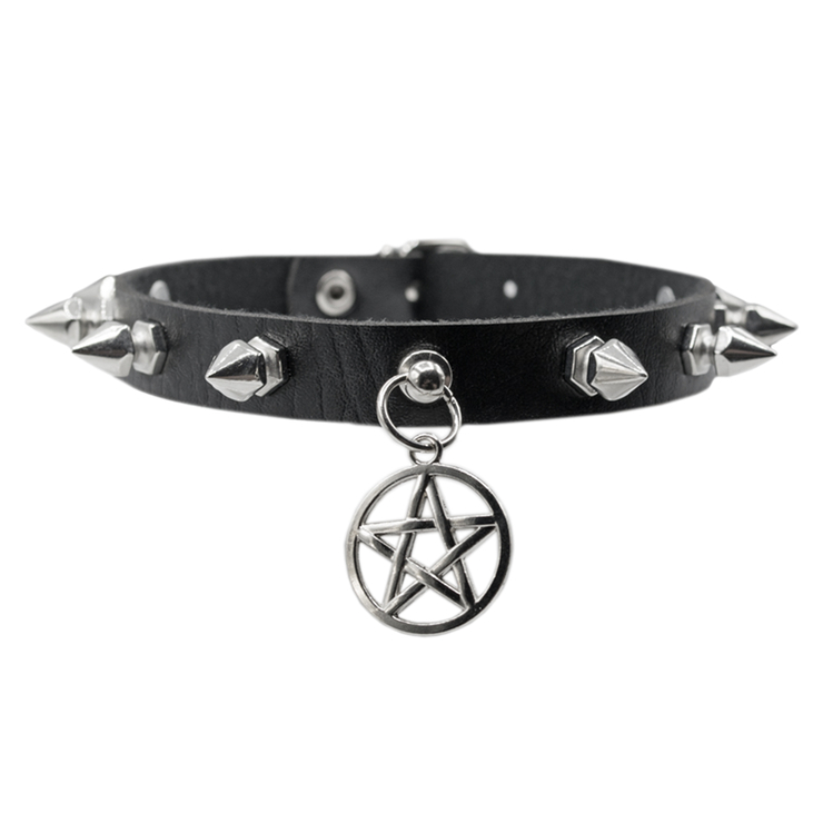 Кожаный чокер с фигурными шипами и пентаграммой CL-014 Кожаный чокер с фигурными шипами и пентаграммой CL-014