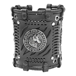 Кожаный Браслет Стимпанк широкий Волк в руническом круге (bsp-73)