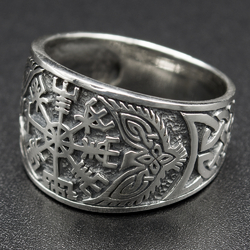 Перстень Вегвизир (рунический компас) с воронами (серебро, 925 проба) (thrg-007)