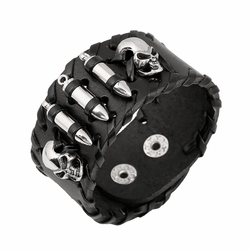Кожаный Браслет с черепами и патронами bl-174