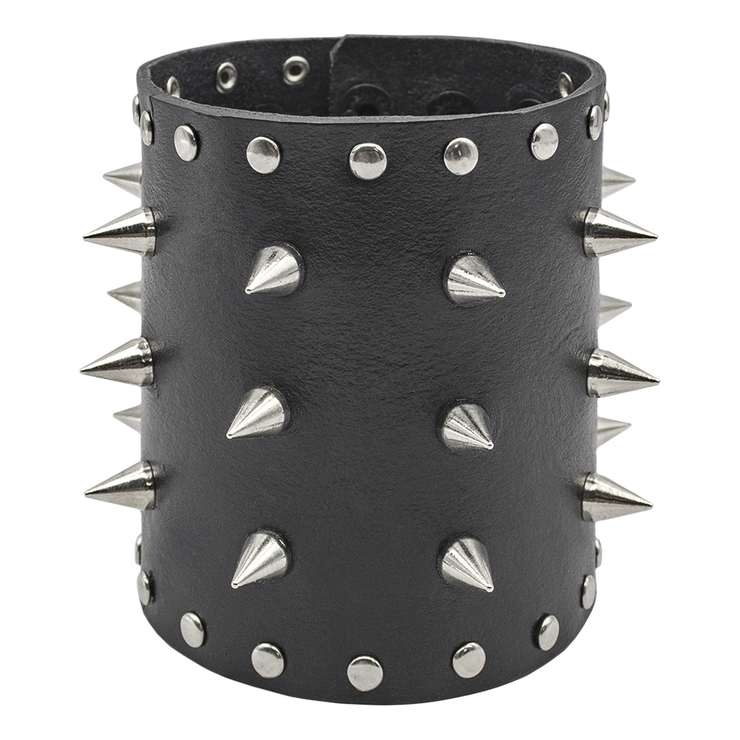 Браслет кожаный с 3 рядами шипов, широкий на кнопках (bsl-012)