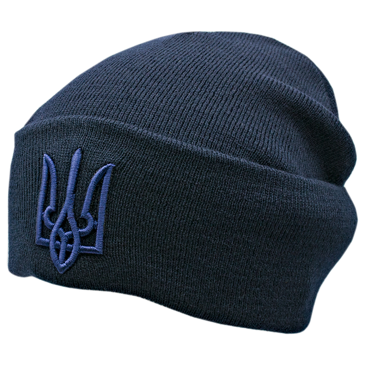 Шапка в’язана з Тризубом (темно-синя, синій Тризуб) (uaht-006)