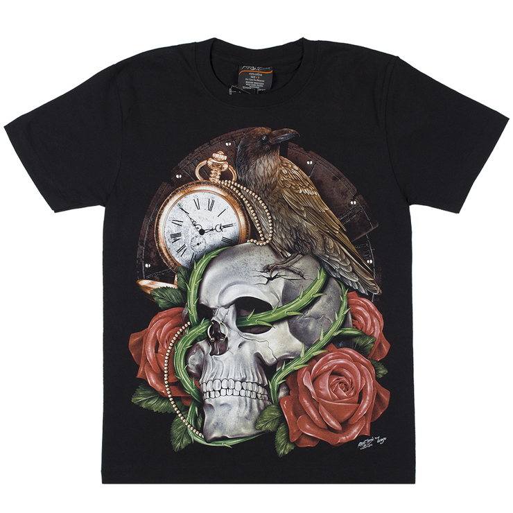 Футболка Череп з трояндами (ворон і годинник) (3D, світиться в темряві) Футболка Череп з трояндами (ворон і годинник) (3D, світиться в темряві)