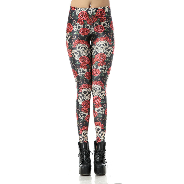 Легінси Черепа з трояндами на чорном тлі