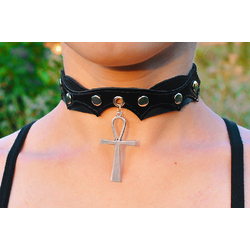 Шкіряний чокер (ar-002) з кулоном Анкх (сталевий колір)
