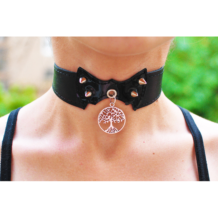 Шкіряний чокер (ar-004) з кулоном Дерево (колір срібло)