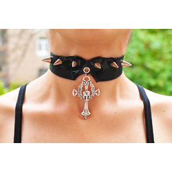 Шкіряний чокер (ar-008) з кулоном Череп з крилами на хресте