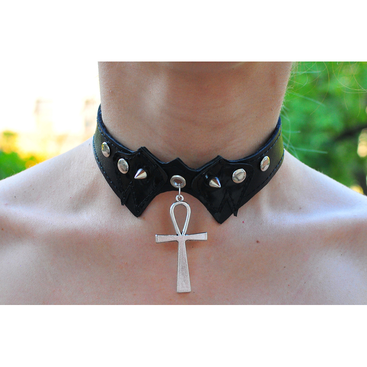 Шкіряний чокер (ar-009) з кулоном Анкх (сталевий колір)