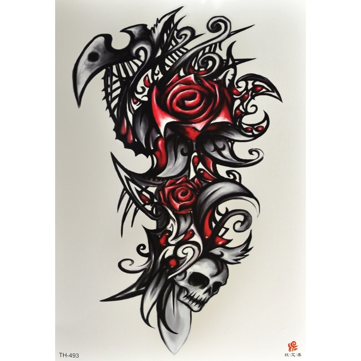 Тимчасове тату Клинок з трояндами і черепом (TH-493, 21x15 см)